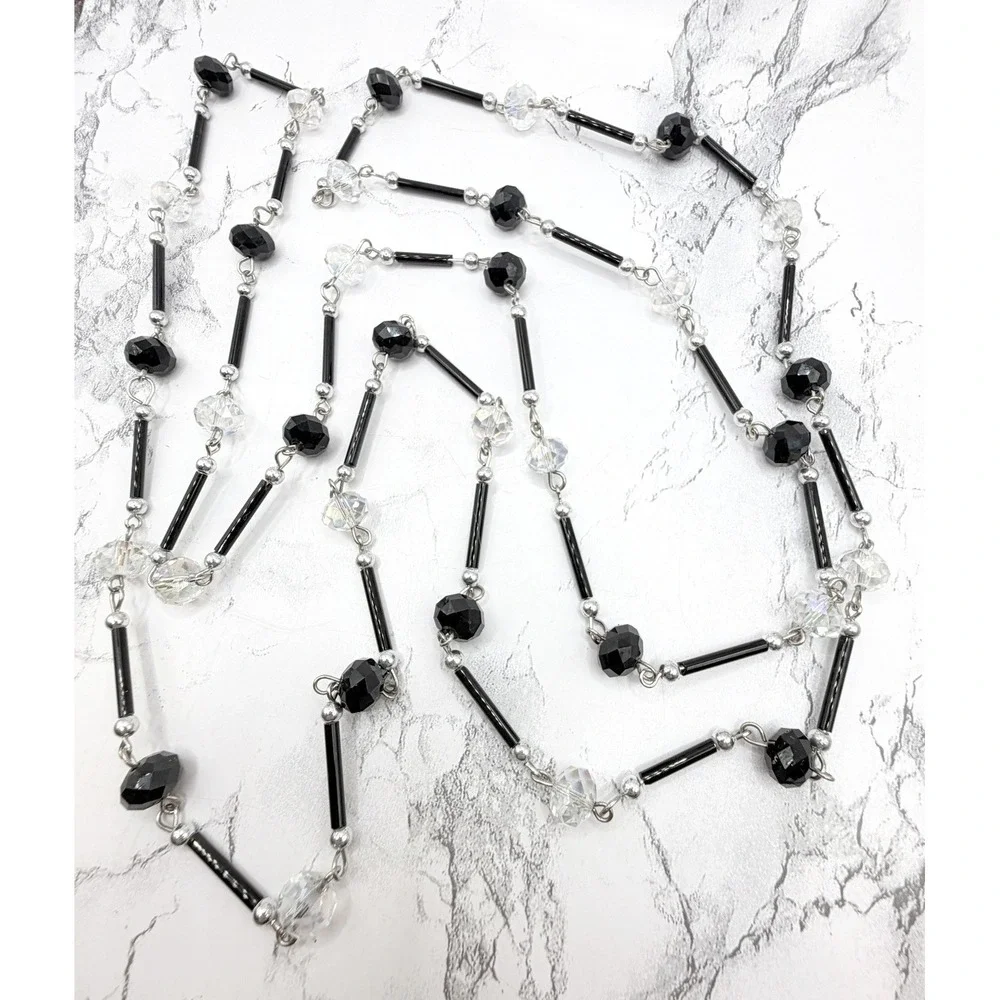 Long Black & Clear Faceted Bead Necklace 59 Inch‎ No Clasp